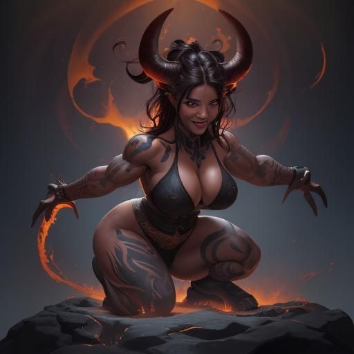 Demon Woman with Lava Tattoos, Hyperdetailed Portrait