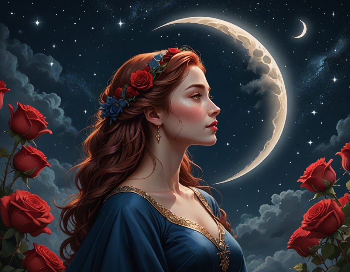 Woman on Moon with Roses Staring at Stars