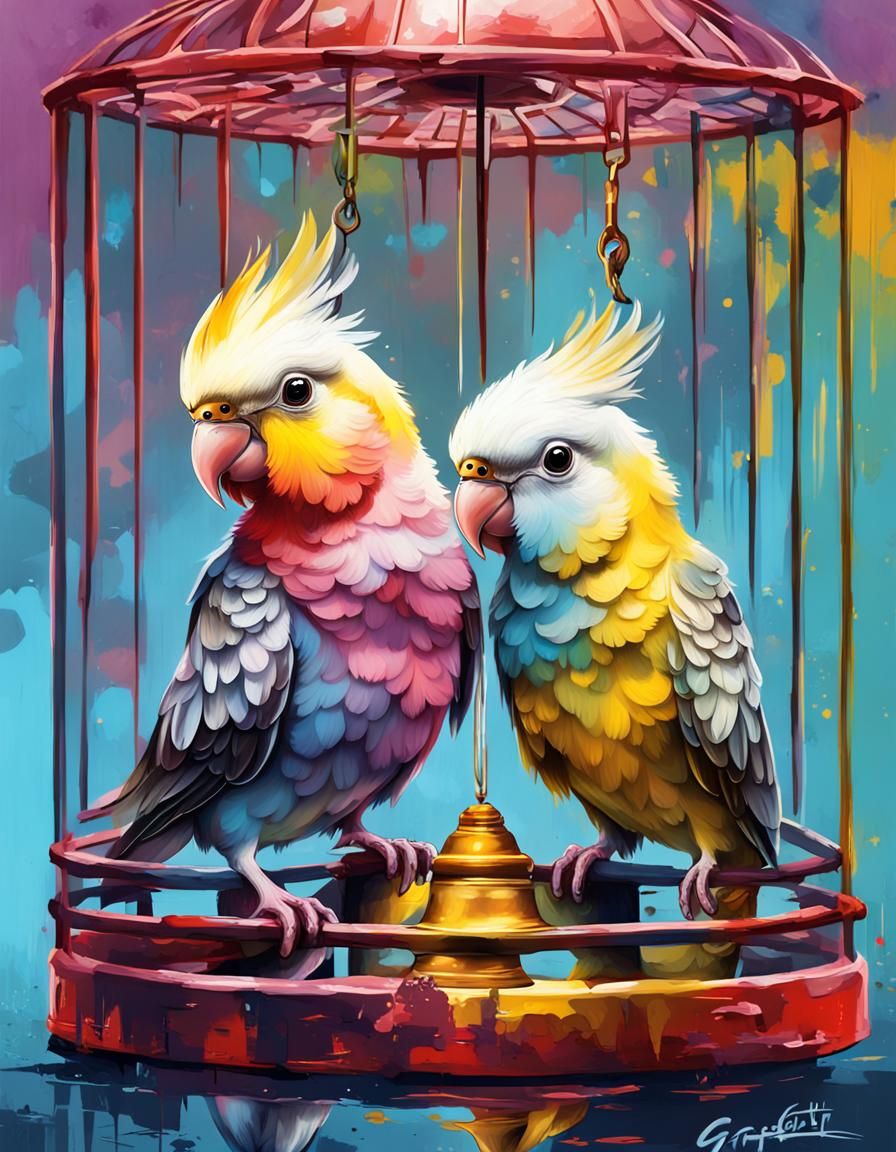 Cockatiel's Reflection: Graffiti Art Bird in Cage