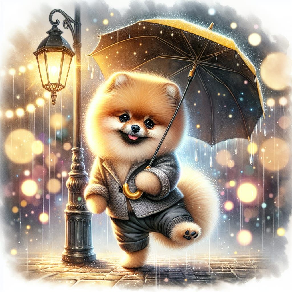 Cute Pomeranian Spitz Dances Under Rainy Night Umbrella in E...