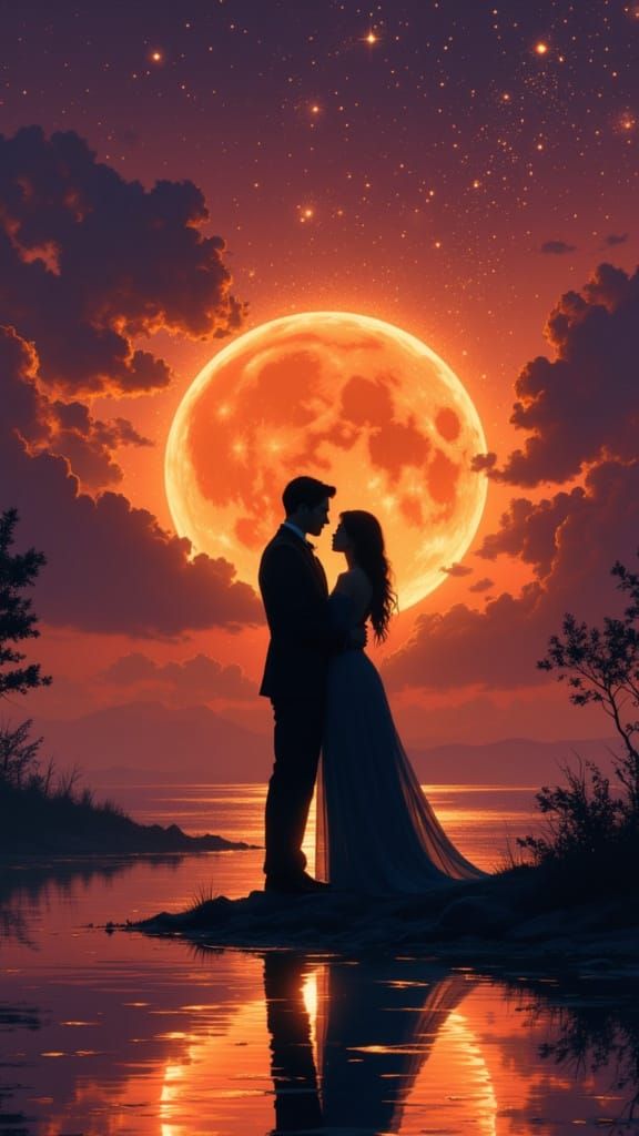 Couple Silhouetted by Full Moon Over Lake