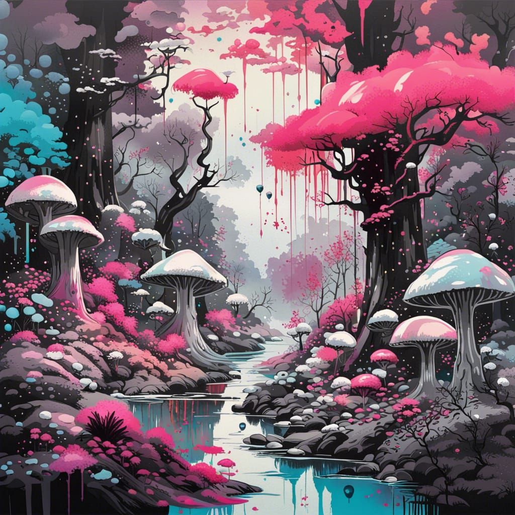 Monochrome Fairy Forest in Japanese Graffiti Art