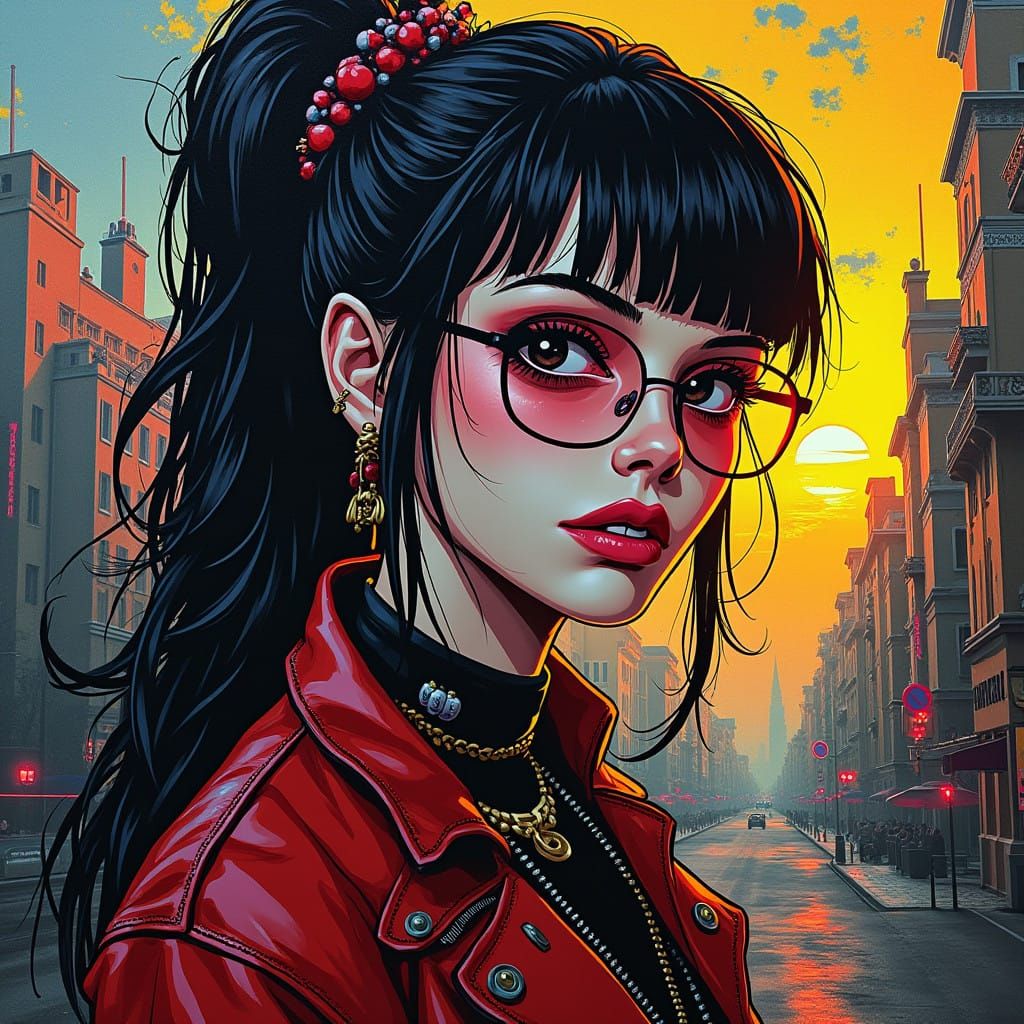 Surreal Punk Heroine in Renaissance-Inspired Cityscape Splen...