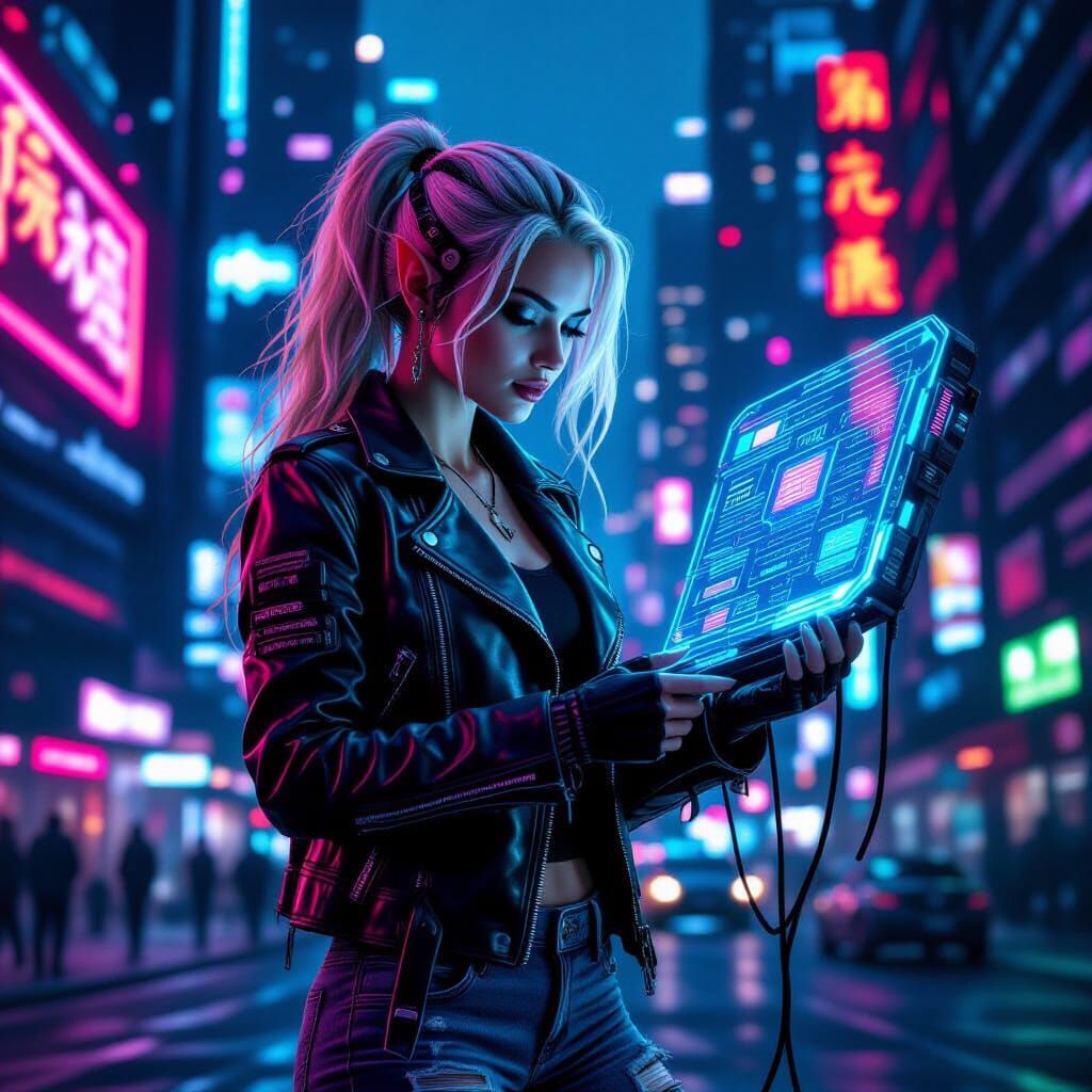 Cyberpunk Elf Hacker in Neon City