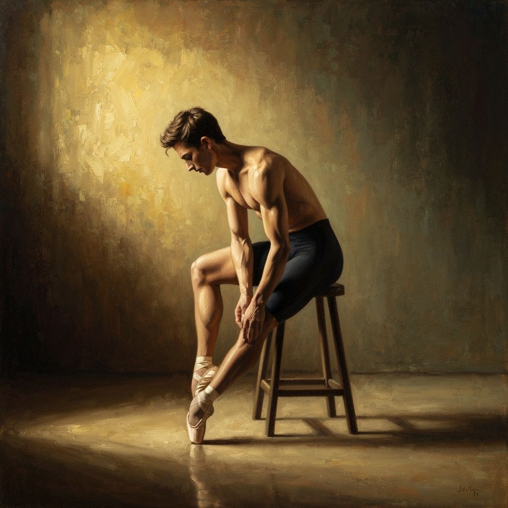 Ballet Dancer Adjusting Pointe Shoes Backstage Oil Painting