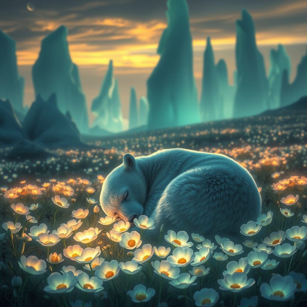 Polar Bear Asleep in Bioluminescent Arctic Dreamscape