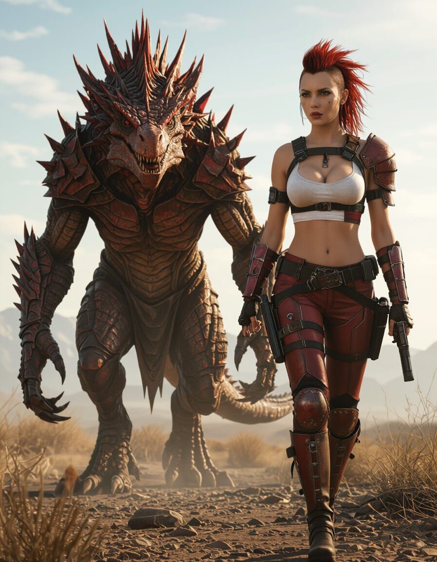 Post-Apocalyptic Woman and Deathclaw in Wasteland