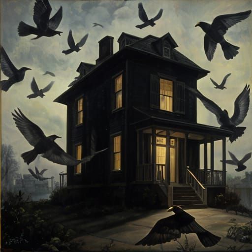 Ominous Oil Painting of Birds Swarming Bates Motel