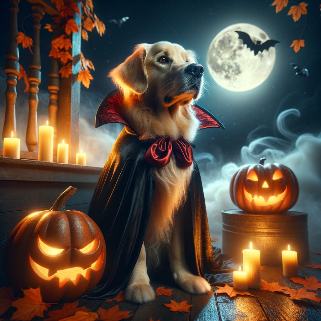 Golden Retriever Vampire on Porch