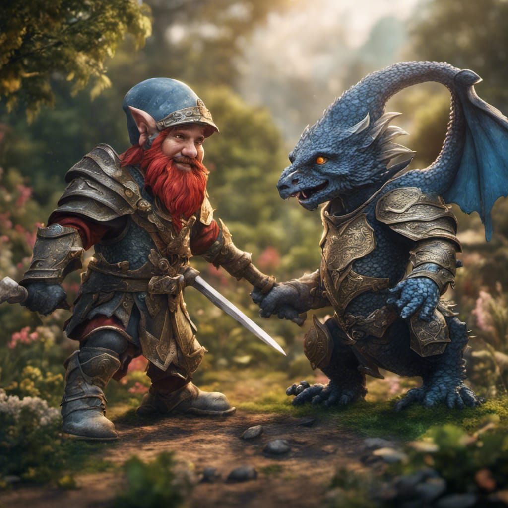 Gnome Knight Battles Dragon: Detailed Matte Painting