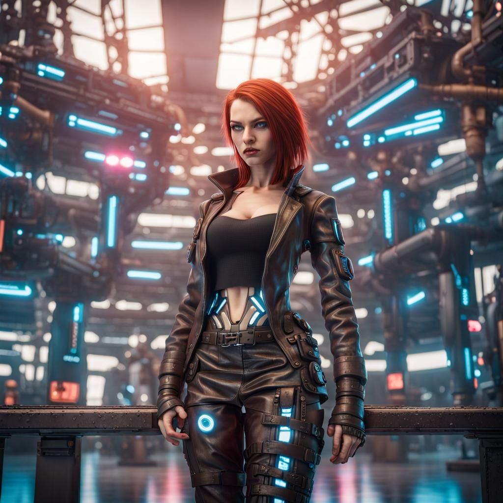 Cyberpunk Razorgirl with Auburn Hair in Sharp Focus