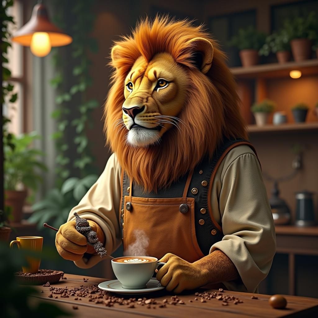 Lion-Human Barista Creates Latte Art in Mystic Cafe