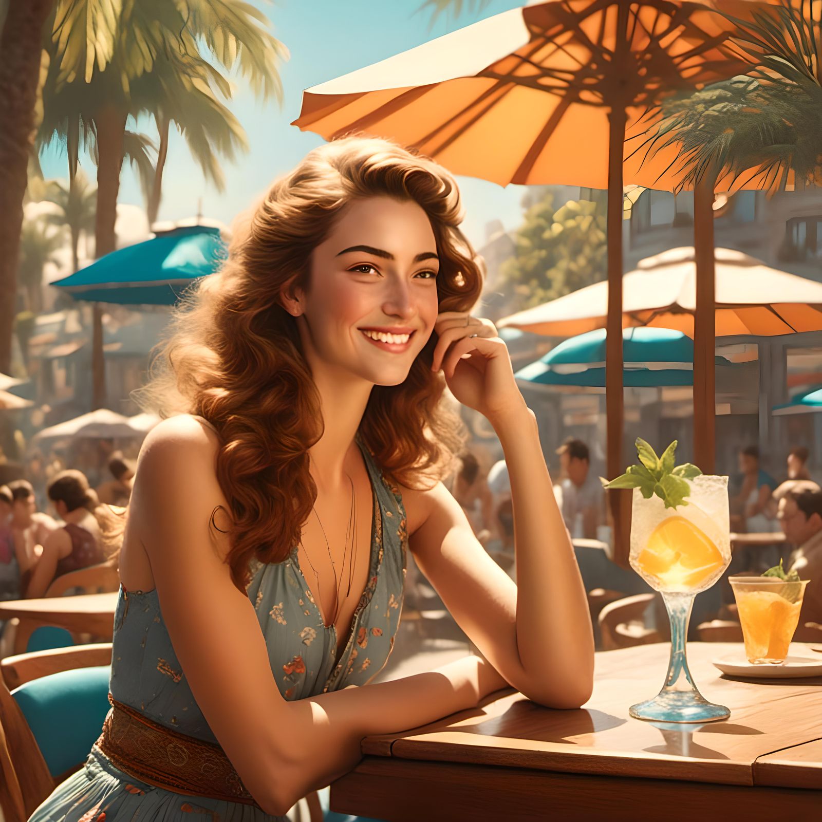 Young Woman in CafΓ© with Pin-Up Style