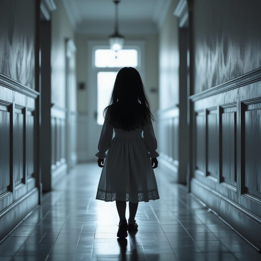 Ethereal Ghost Girl in Lugubrious Hallway