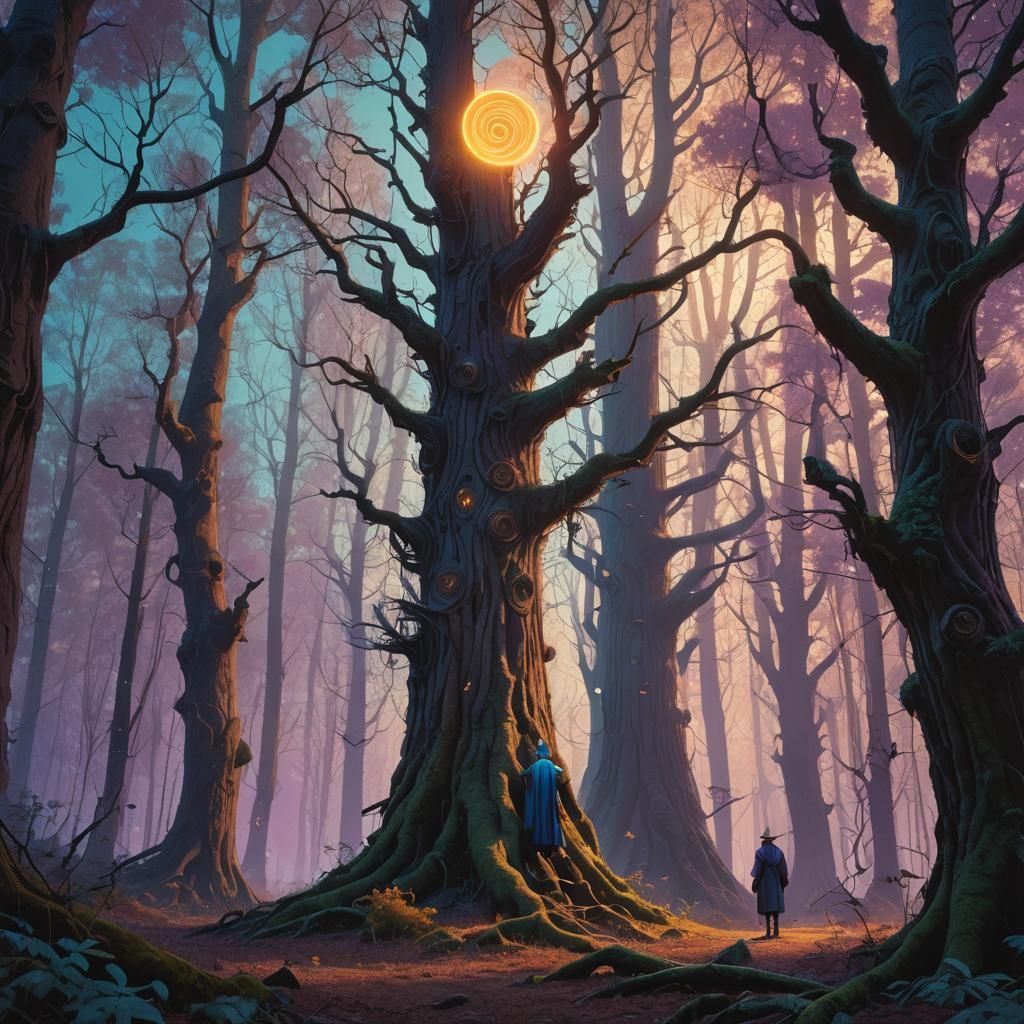 Mystical Wizard in Glowing Forest, Matte Painting