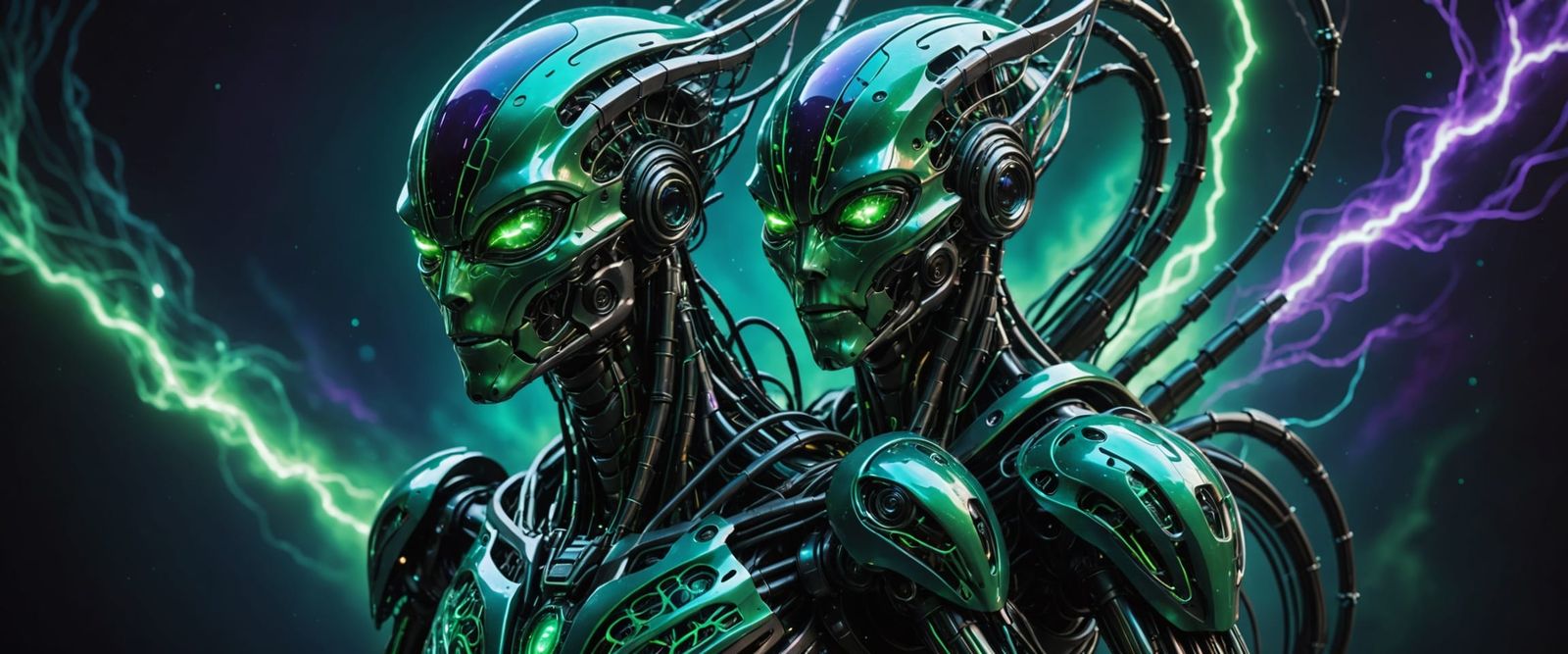 Biomechanical Robot of Flowing Code with Neon Glow