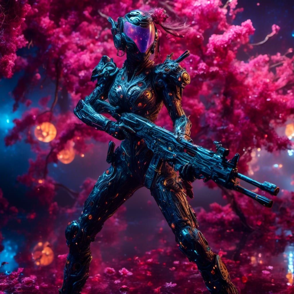 Cyberpunk Samurai Woman in Floral Suit