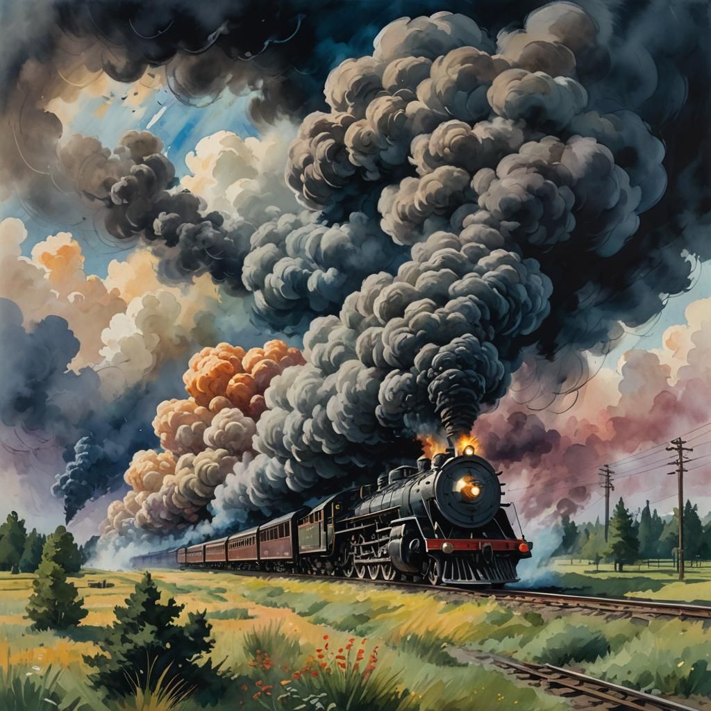 Smoke Monster Attacks Magical Train as Gouache Painting