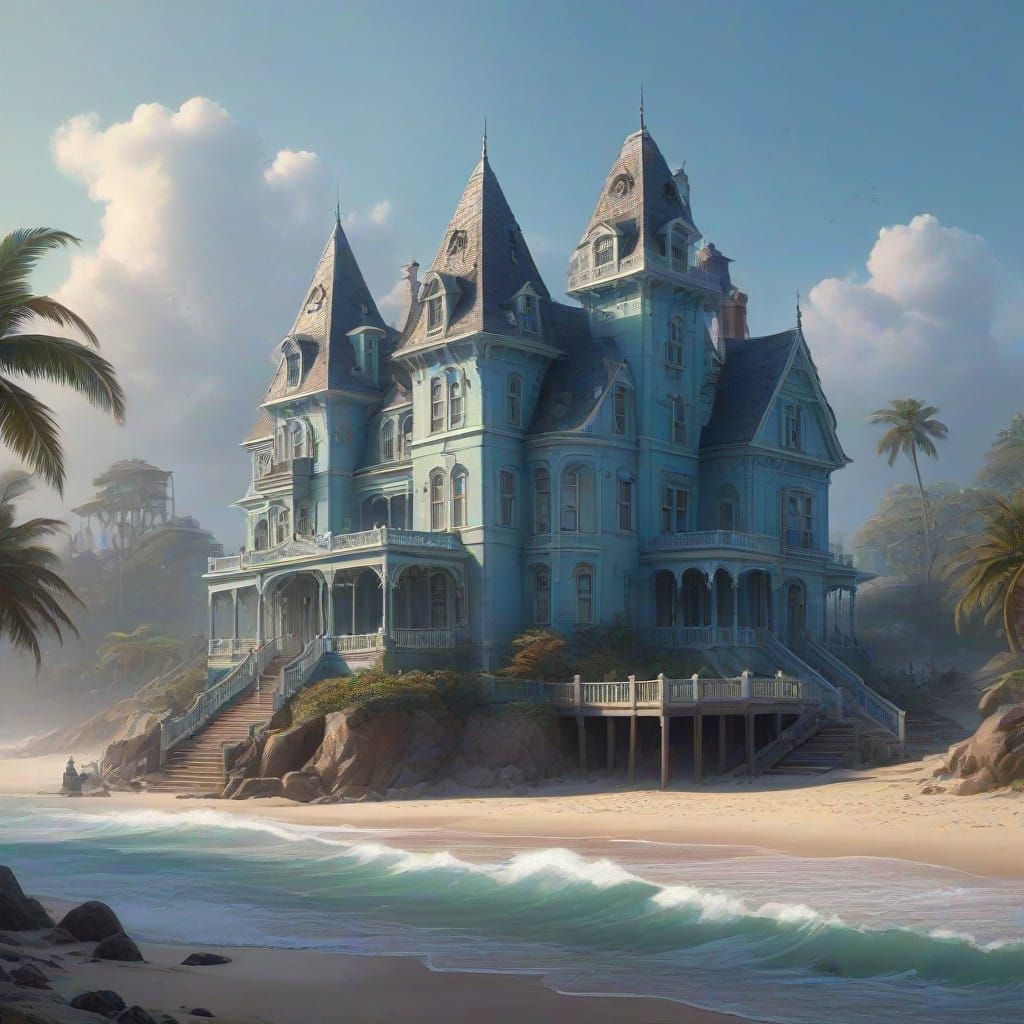Ethereal Victorian Manor on a Sandy Beach