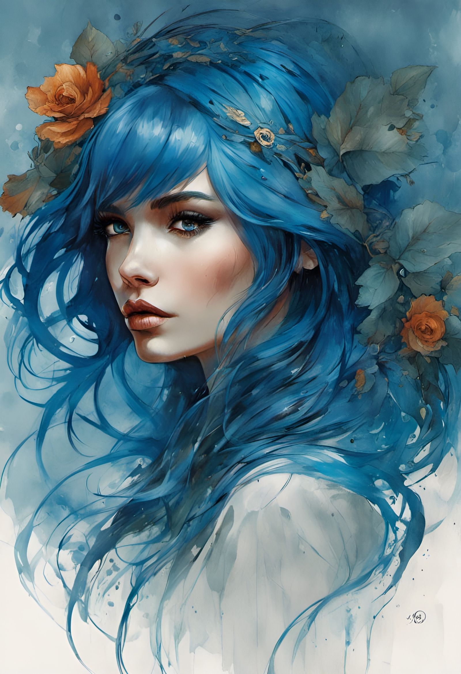Blue-Haired Woman in Liquid Fantasy Style