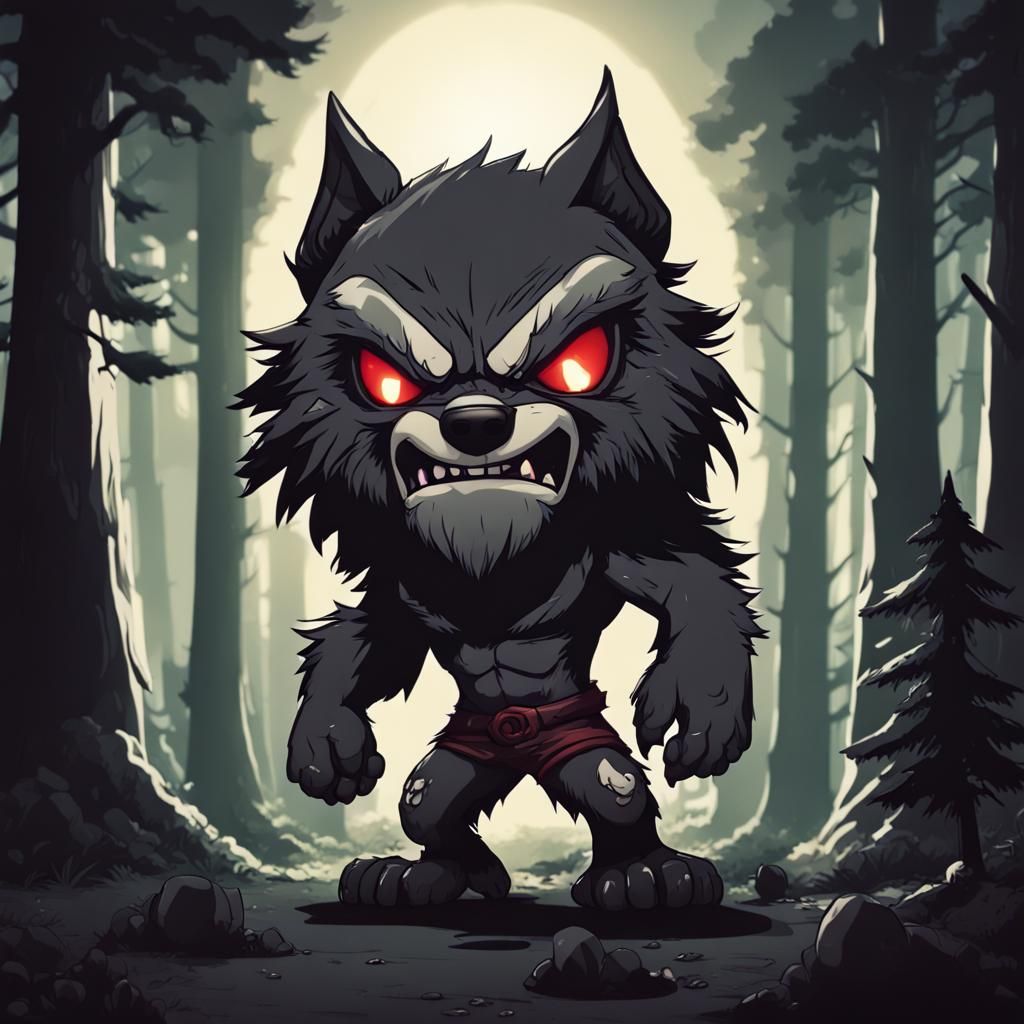 Aggressive Chibi Werewolf in Dark Forest, 8K