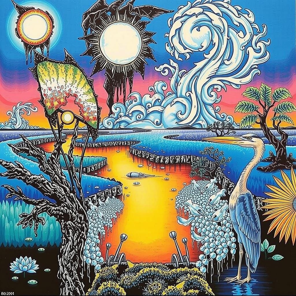 Dreamlike River Delta at Sunset with Heron