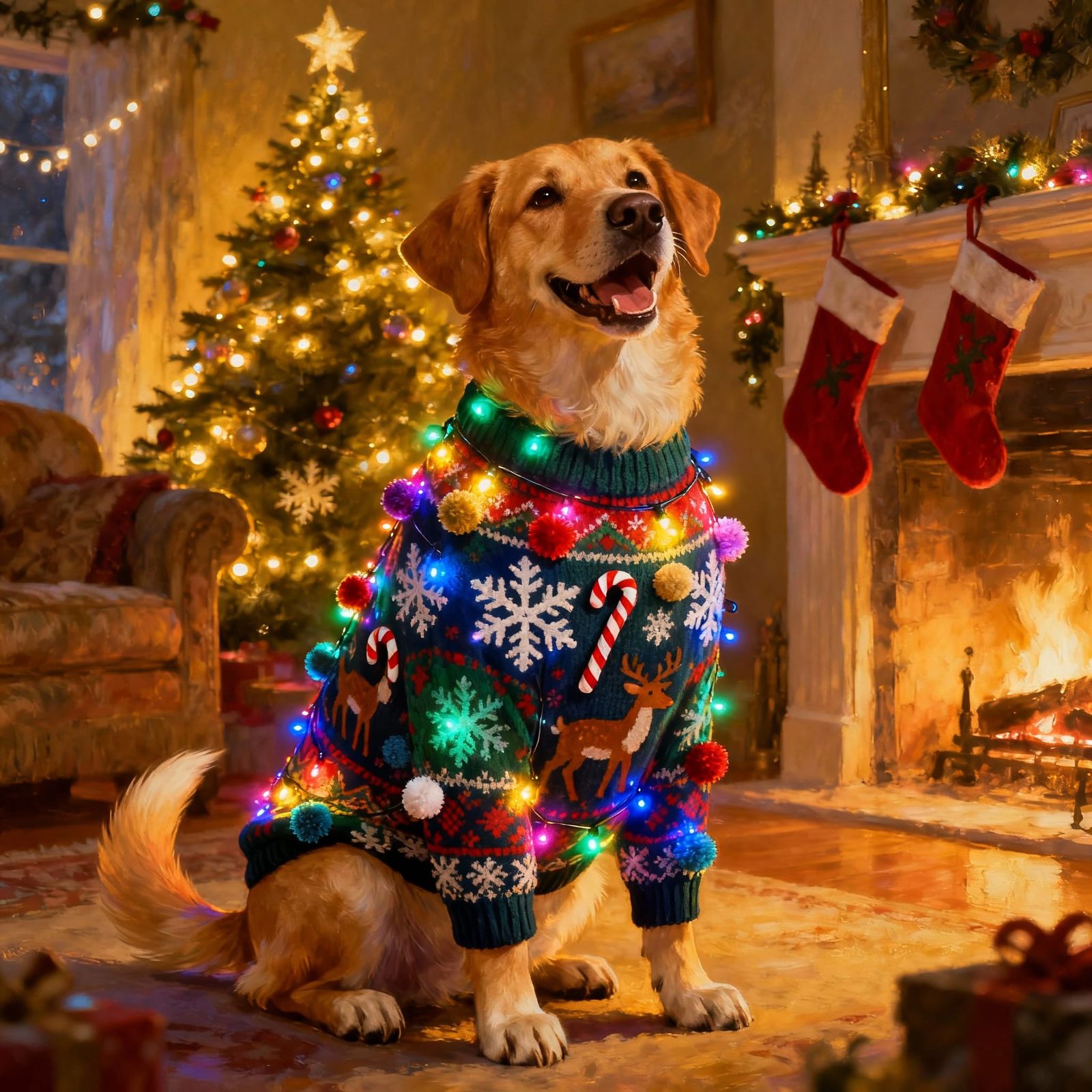 Proud Dog in Over-the-Top Ugly Christmas Sweater