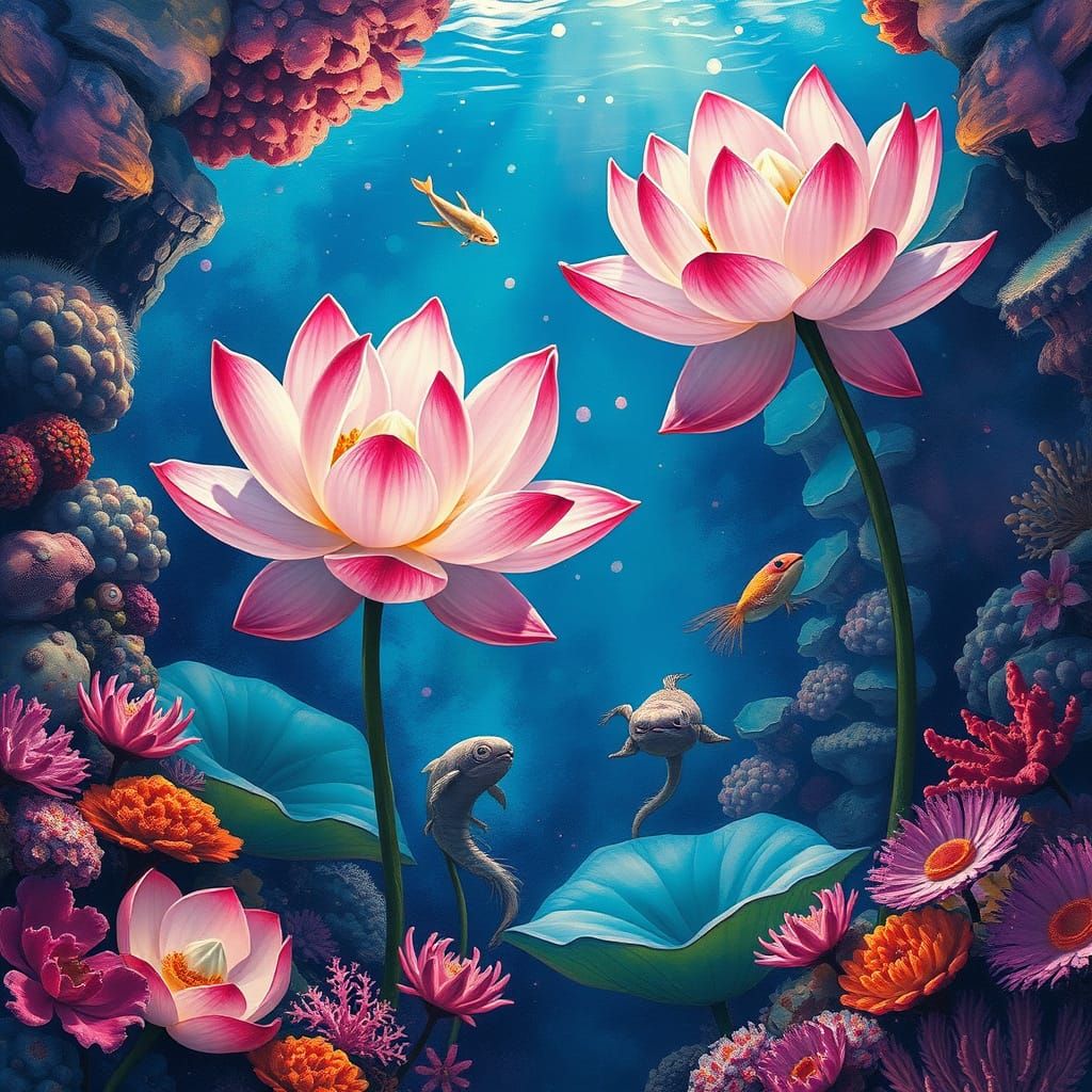 Ethereal Underwater Oasis with Lotus Garden and Vibrant Cora...