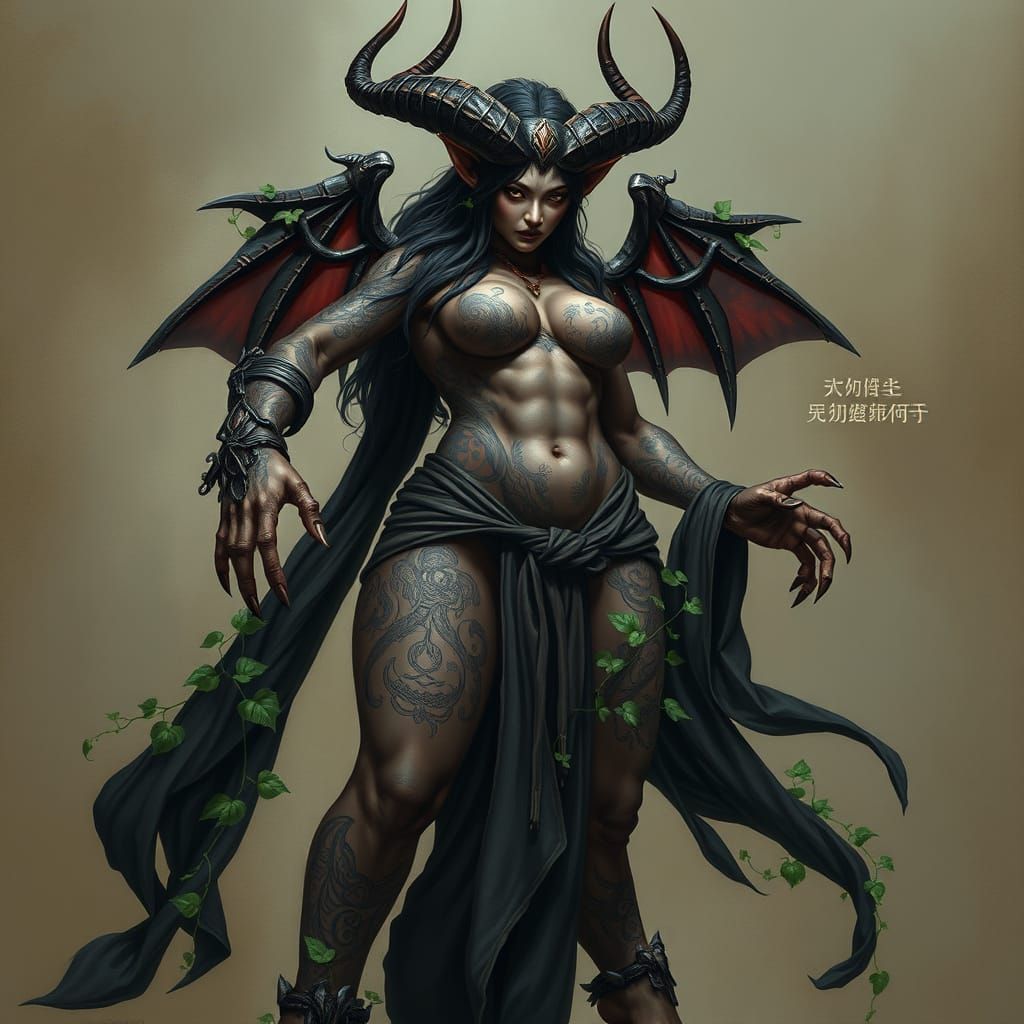 Photorealistic Asian Demoness with Tattoos and Flowing Robes