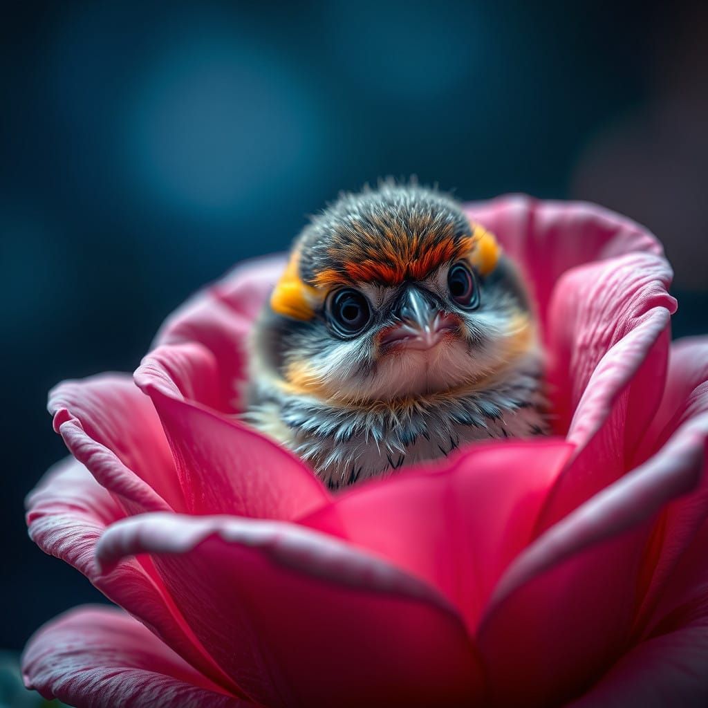 Whimsical Bird Child in a Rose Blooms with Large, Dreamy Eye...