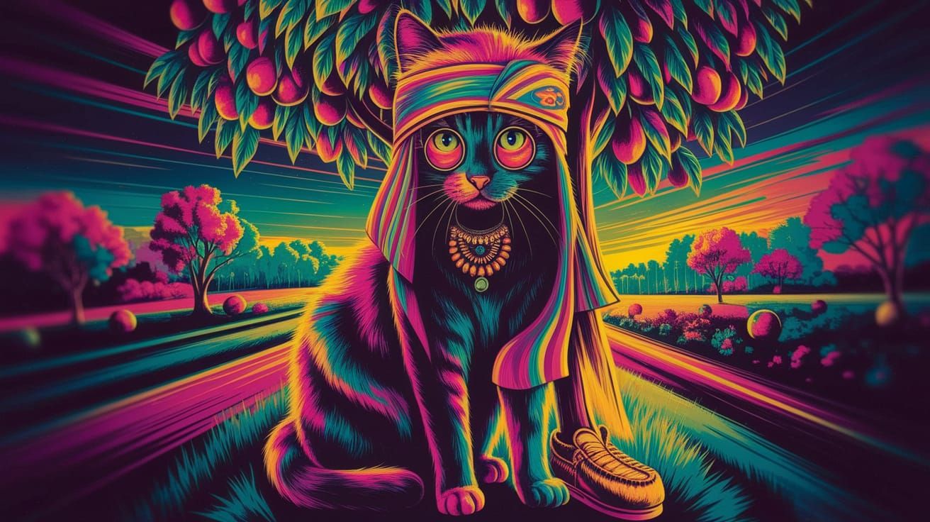 1960s Hippy Cat Art in Day-Glo Colors