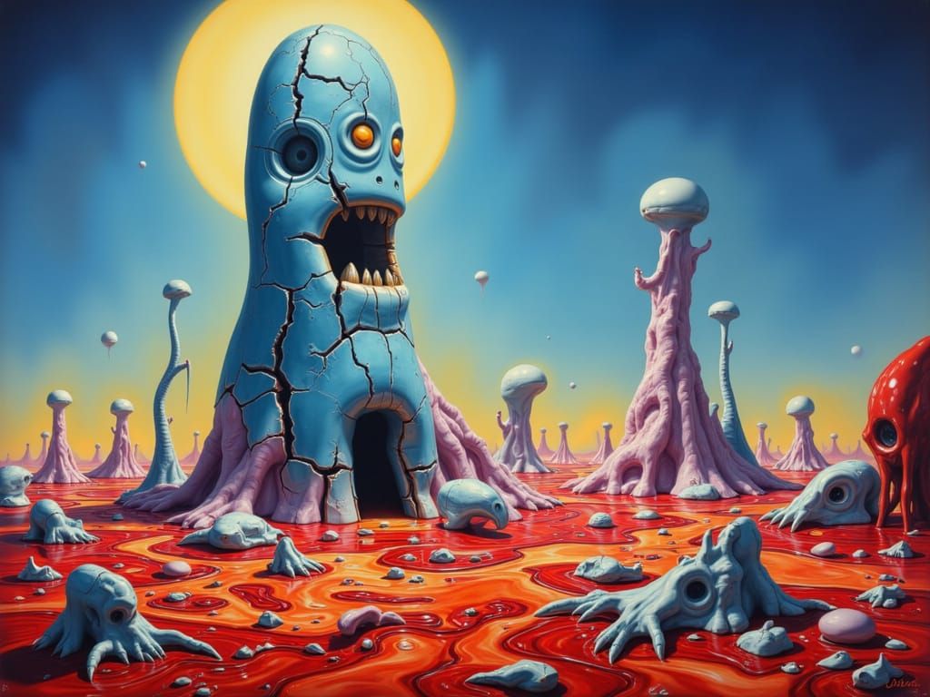 Azure Tower in Alien Landscape with Red Earth and White Plan...