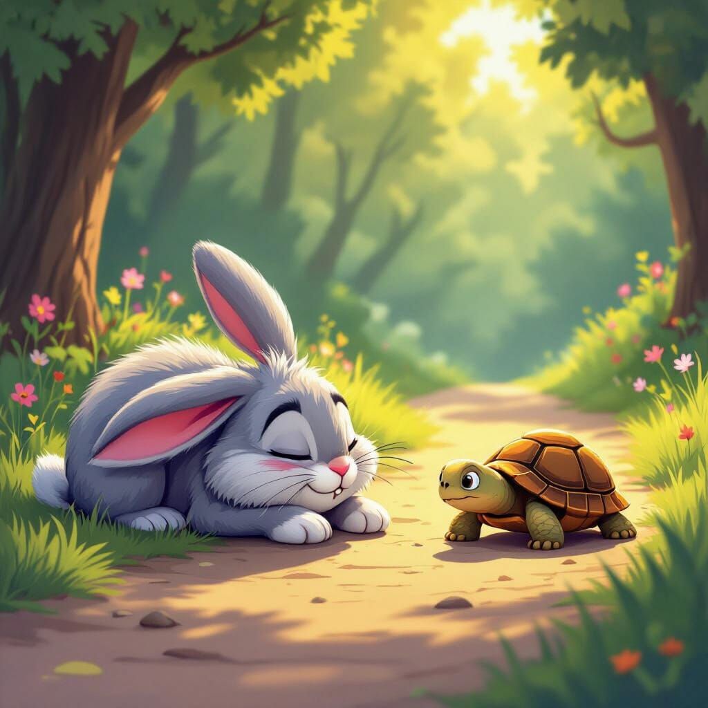 Cartoon Hare Sleeps As Tortoise Approaches in Animated Style