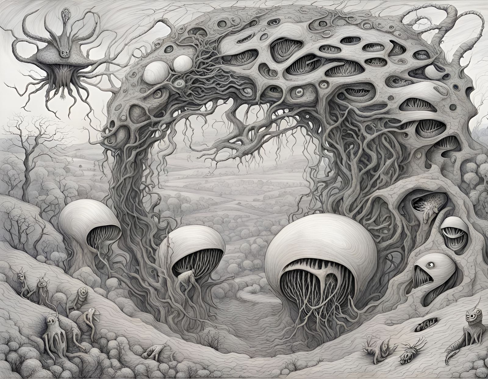 Surreal Insectoid Landscape Drawing in Dore Style
