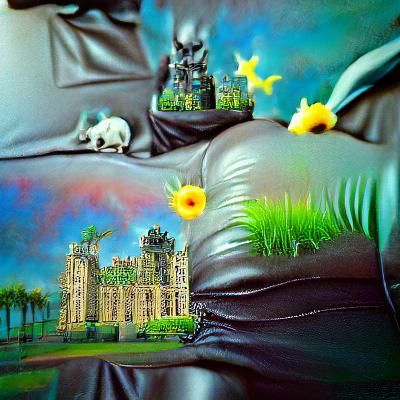 Hyperrealistic Paradise Castles in Film Noir Style