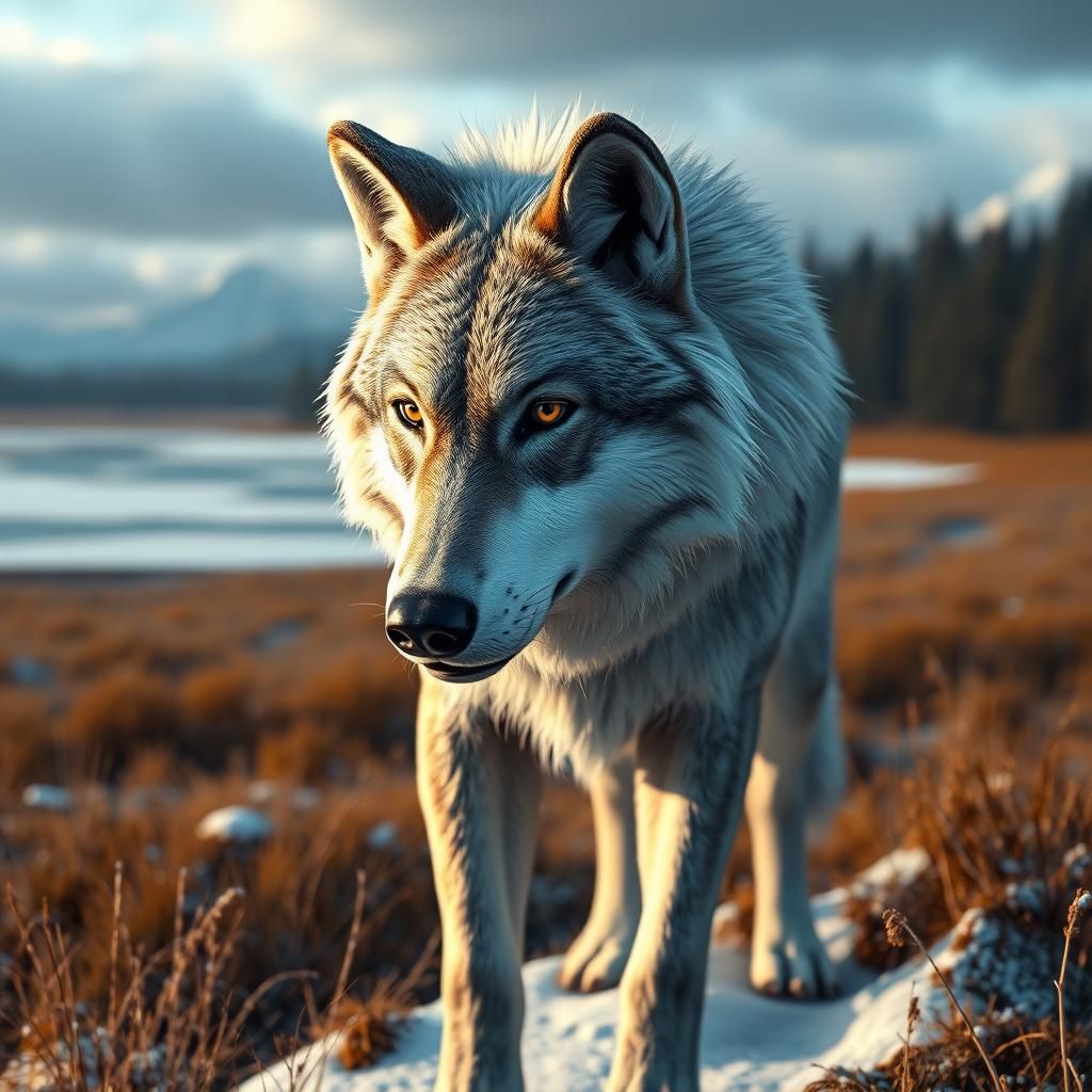 Majestic Snow Wolf in Hyperrealistic Style