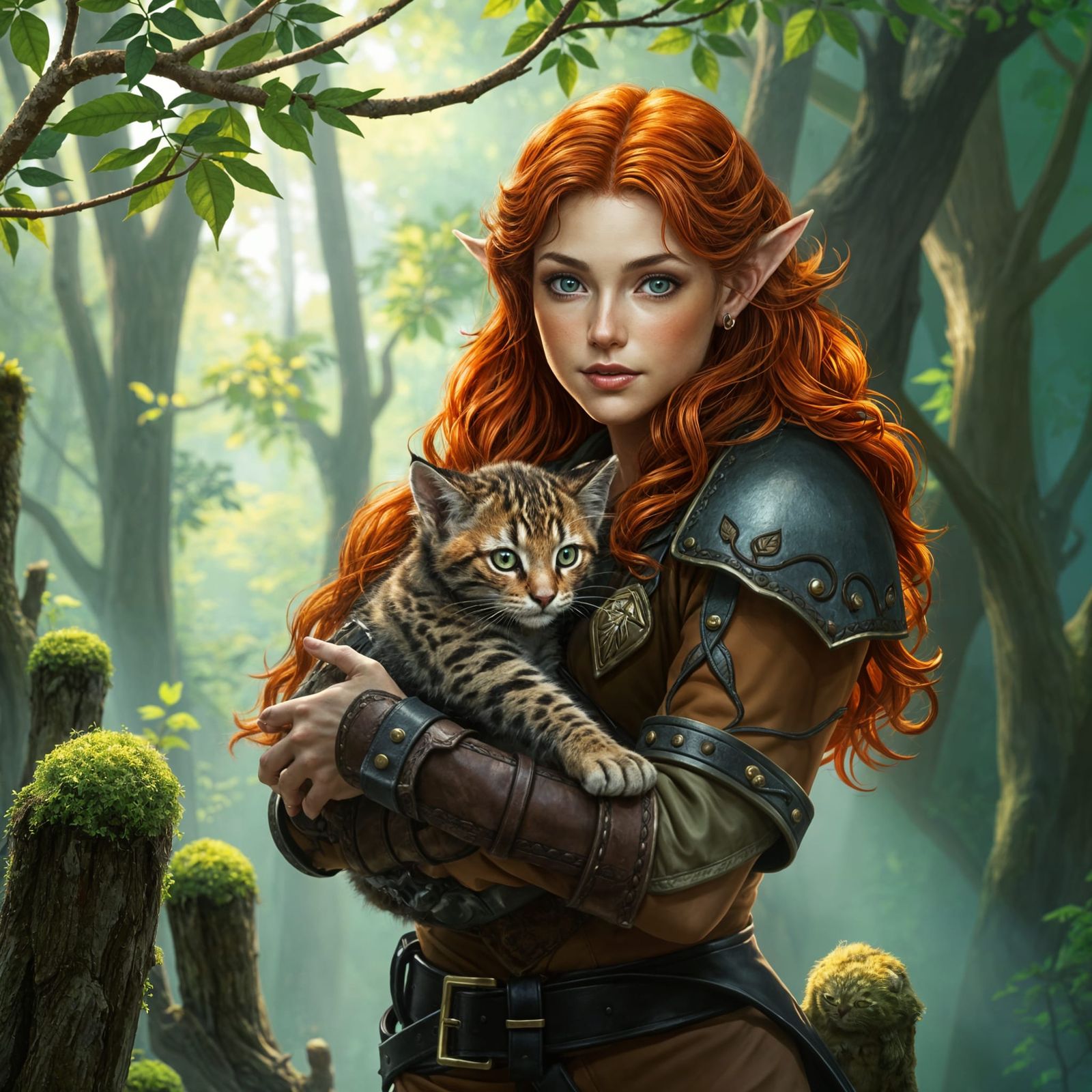 Elven Ranger with Bobcat Kitten in Forest