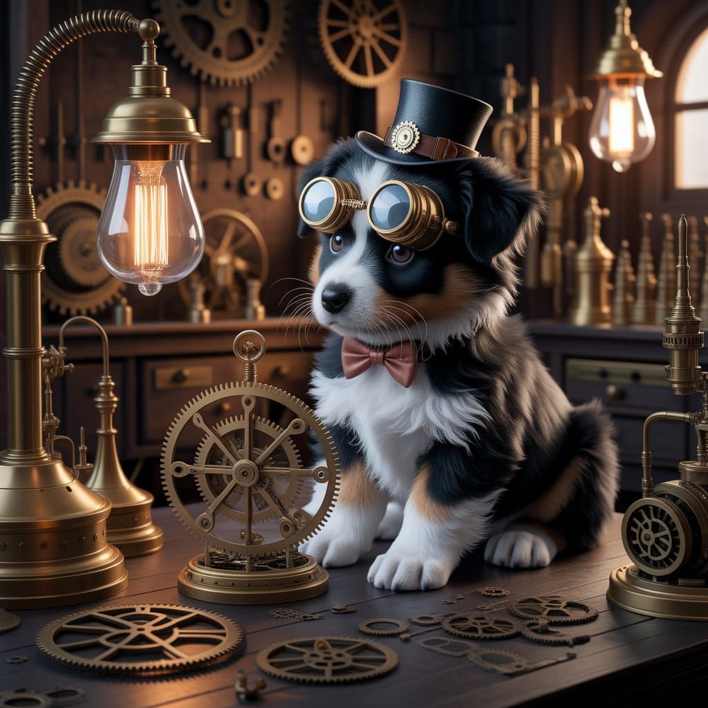 Steampunk Havanese Puppy Tinkers with Clockwork Gears in Vic...