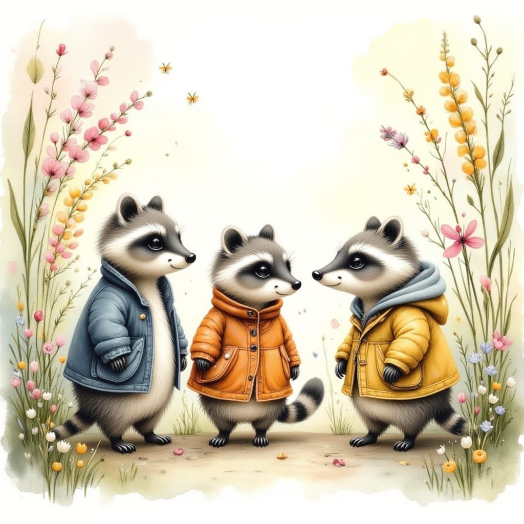 Three Raccoons in Jackets on a Spring Walk, Watercolour and ...