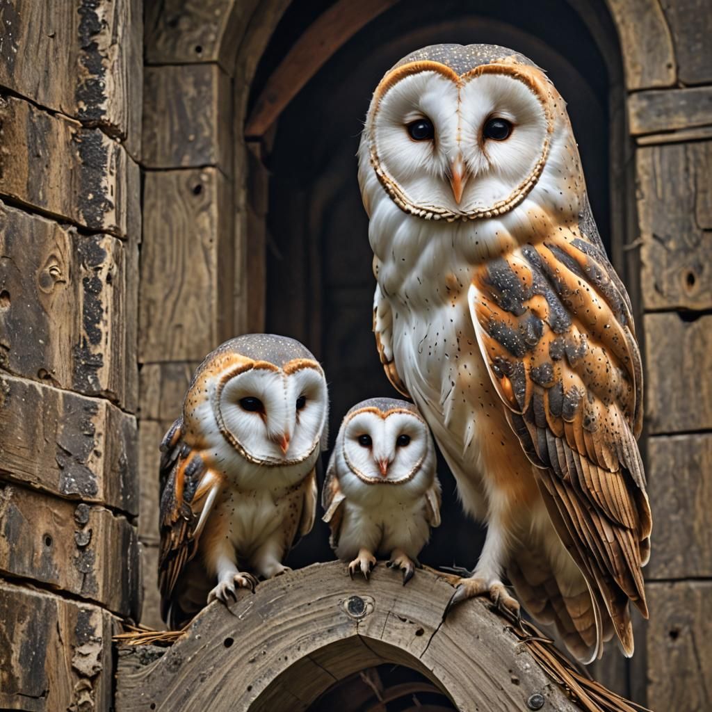 Belltower Barn Owl and Young: Hyperrealistic Image