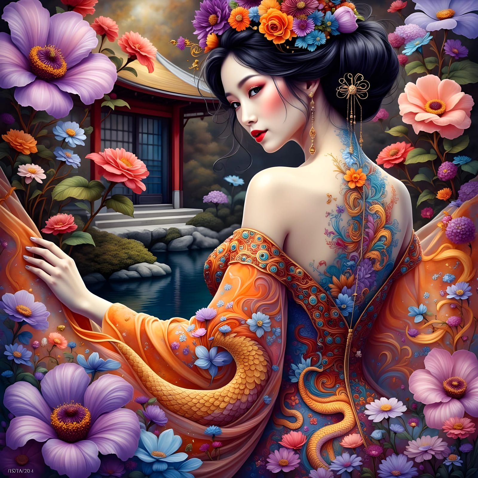 Japanese Woman in Vibrant Embroidered Gown with Dragon Desig...