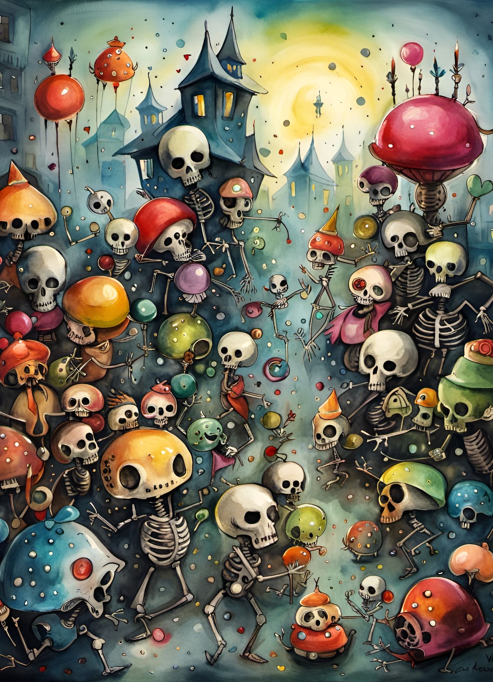 Cyberpunk Skeleton Monsters Party in Watercolor Style