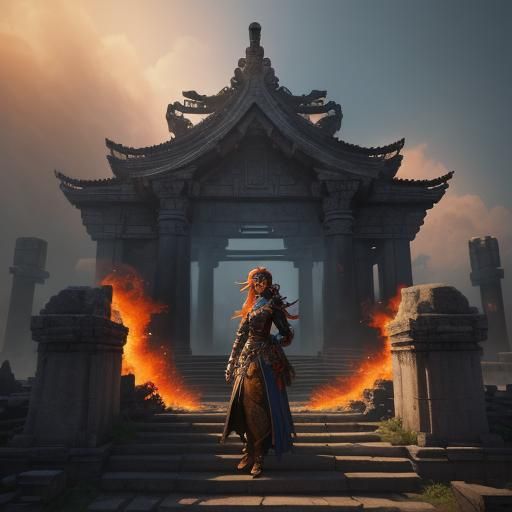 Anime Girl Engulfed in Flames at Ruined Temple