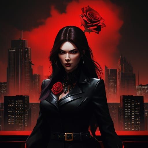Woman with Roses and Gun Cityscape in Noir Style
