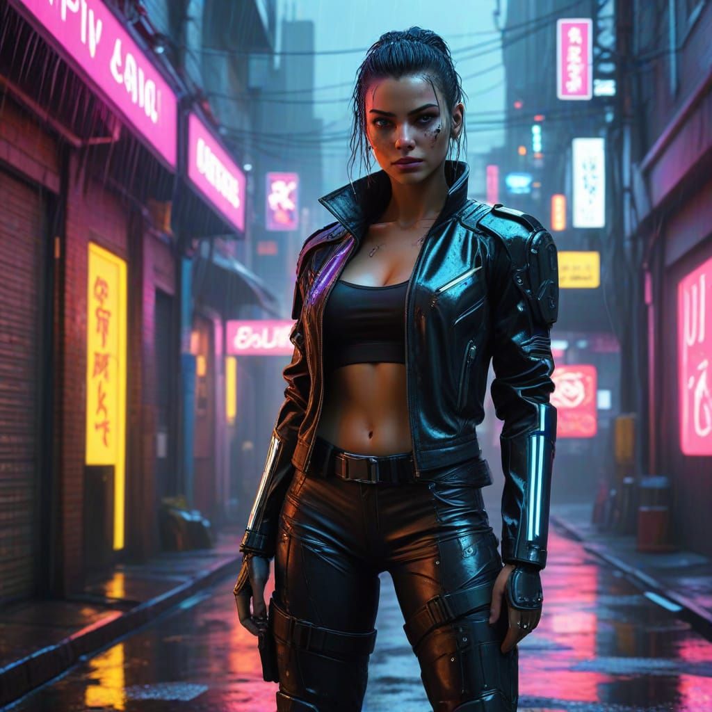 Cyberpunk Woman in Neon-Lit Alleyway