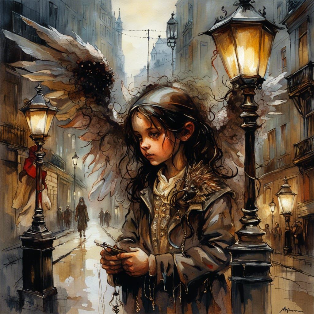 Angelic Figure in Dark Fantasy French Street