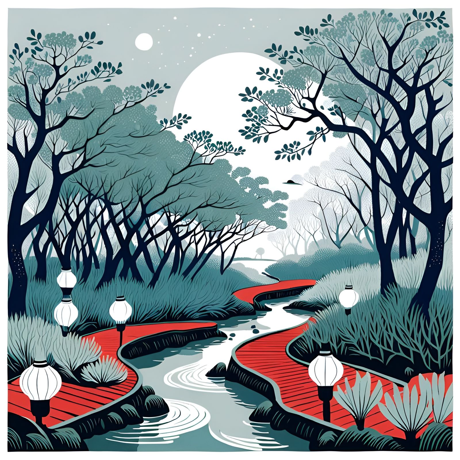 Minimalist Riso Print of Journalist in Mangrove Swamp