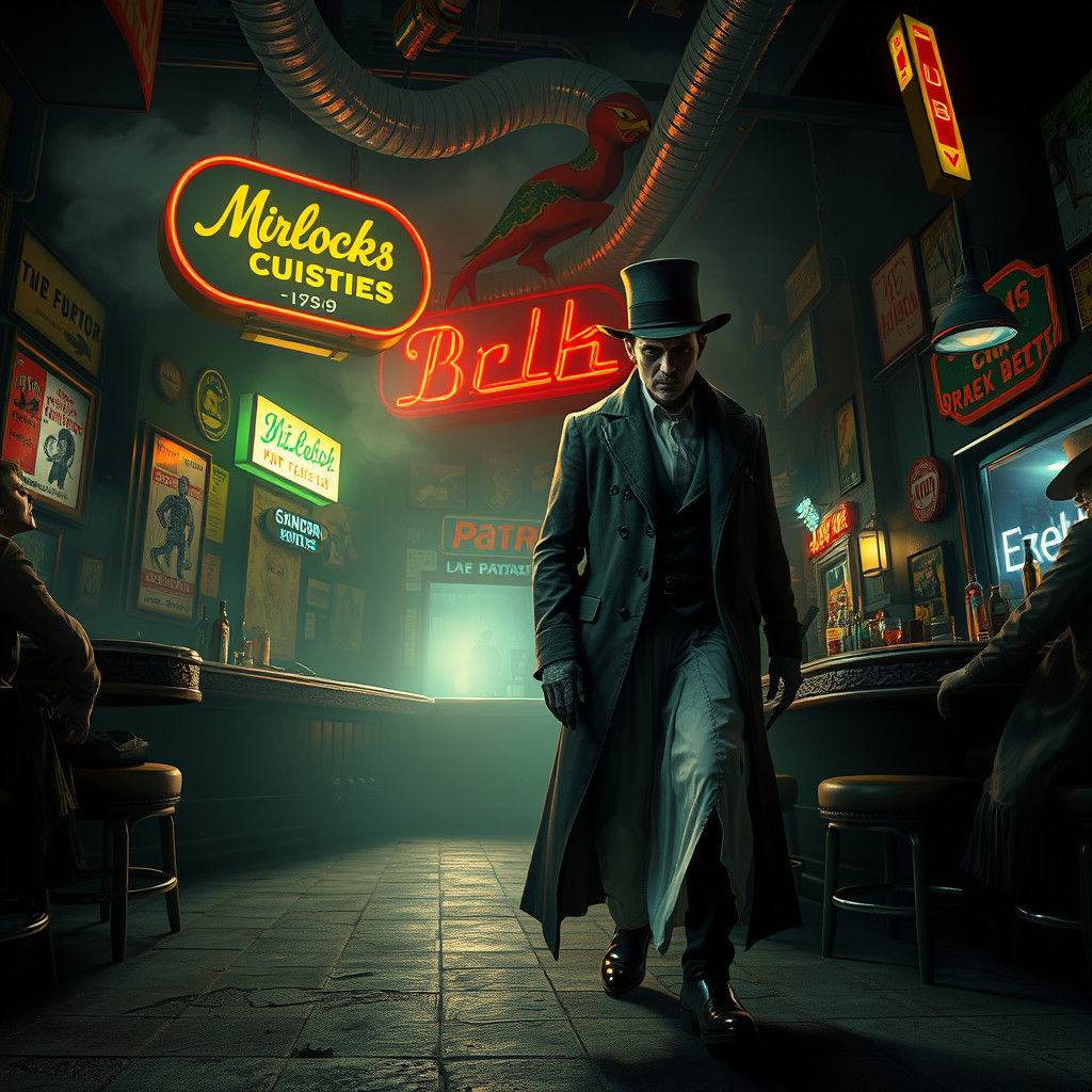 Morlock and Eloi in Dystopian Bar, Syd Mead Style