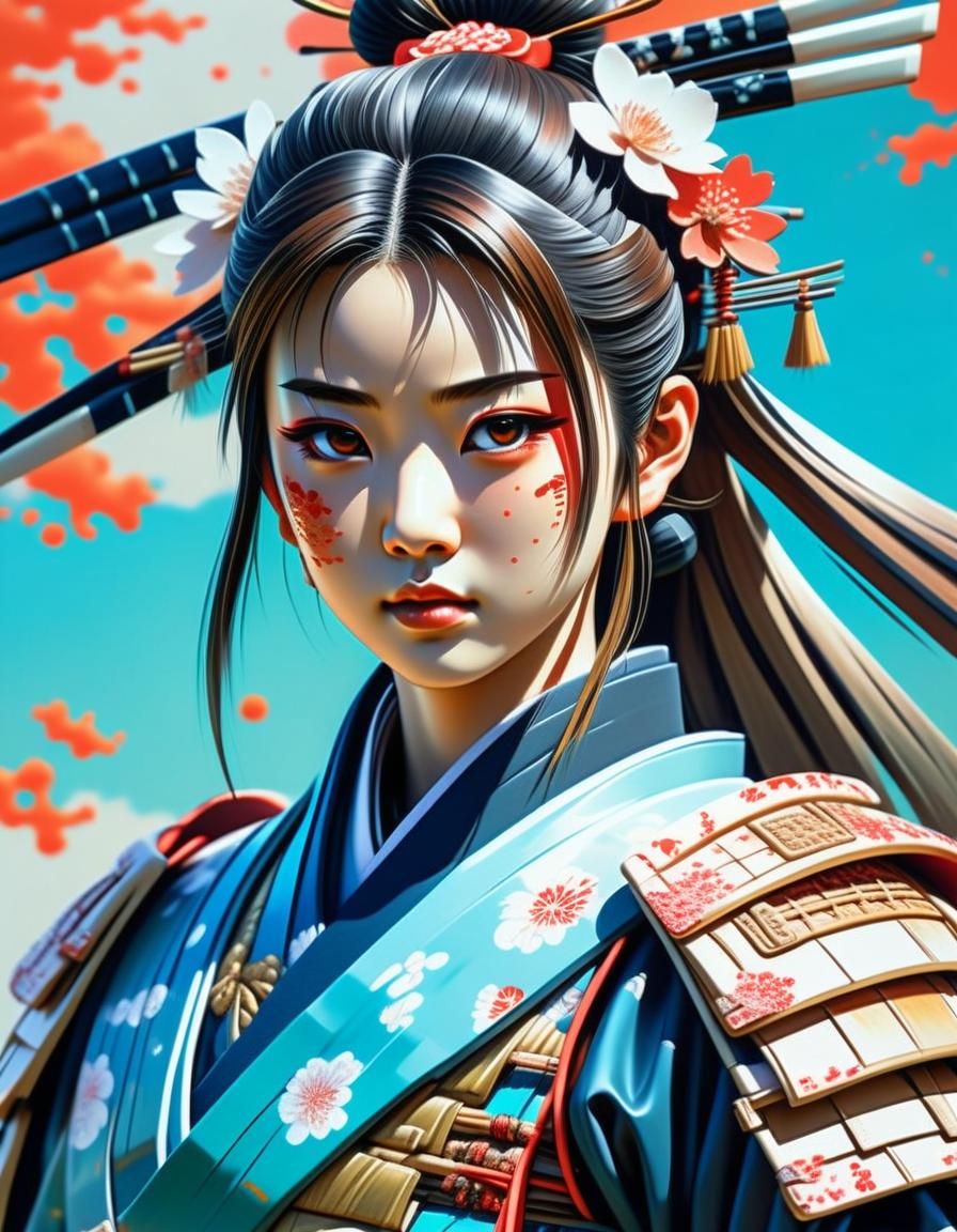 Hyper-Realistic Samurai Portrait in Graffiti Art Style