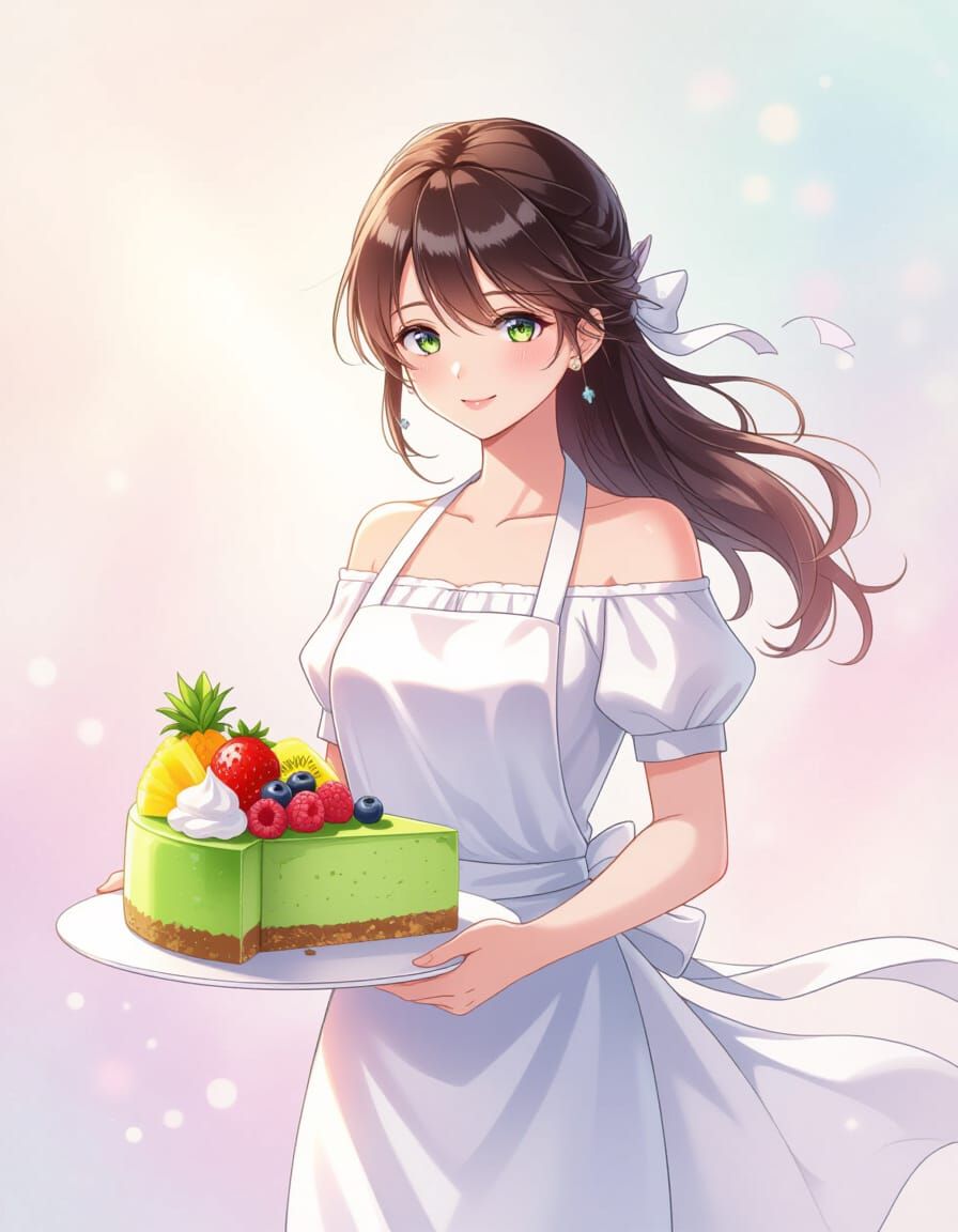 Celestial Baker's Matcha Cheesecake in Anime Style